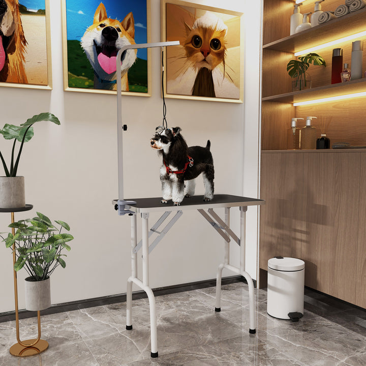 32" Foldable Dog Grooming Table Pet Drying Beauty Table Adjustable Fixed Arm Rubber Top, Black