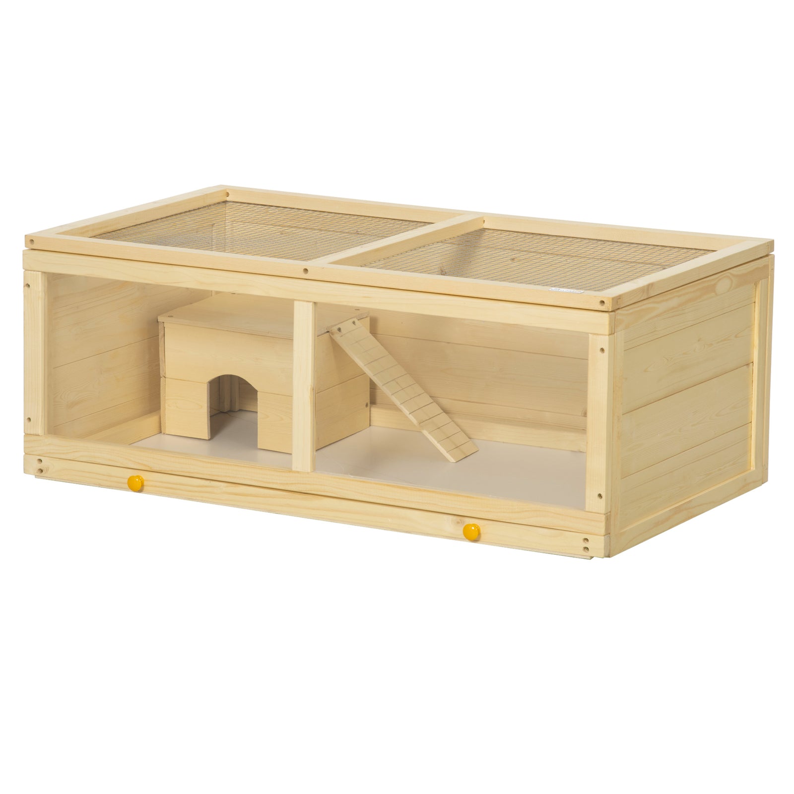 Wooden Hamster Cage with Sliding Tray, Openable Top, Hut for Syrian Hamster, Natural Wood Finish
