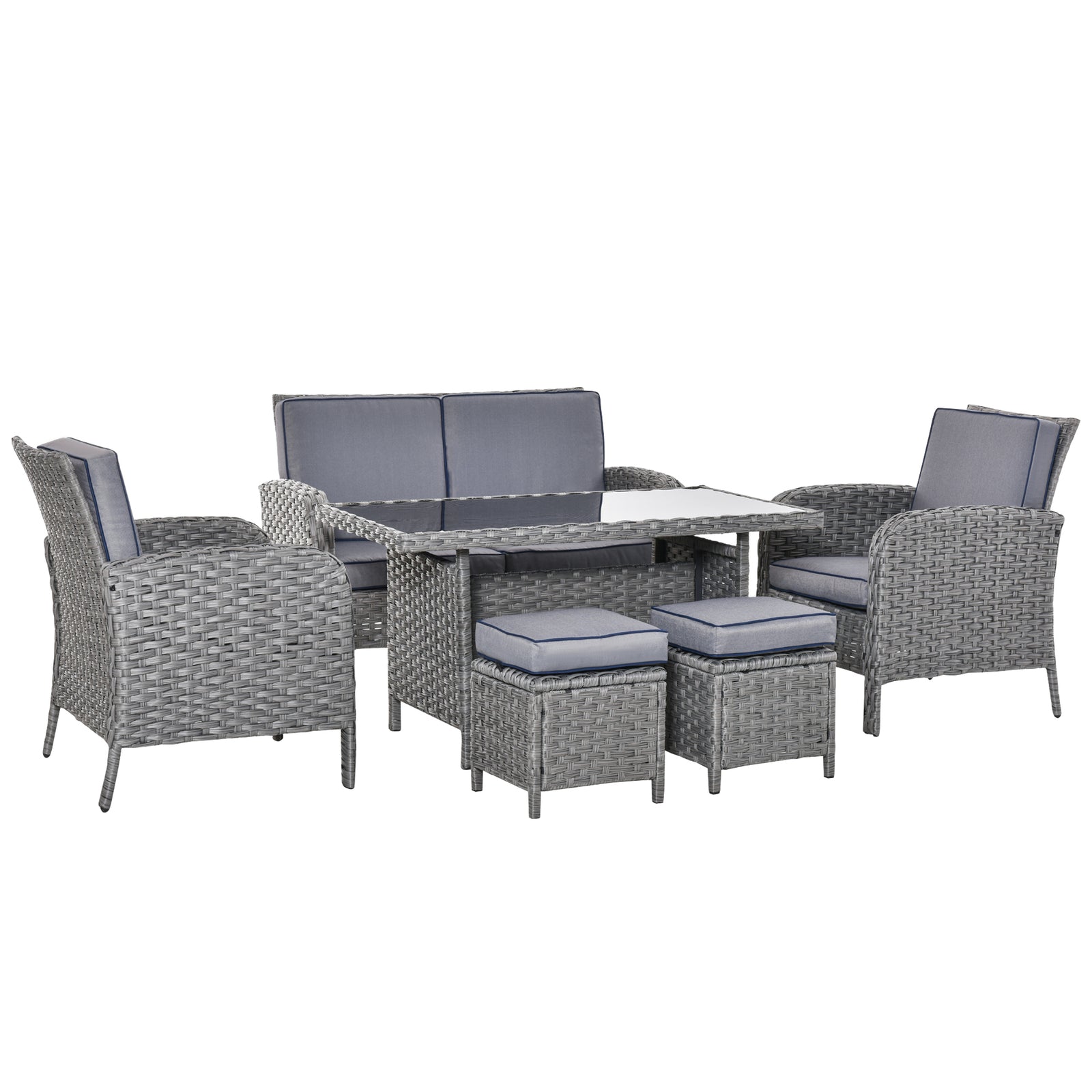 6 Pieces Rattan Garden Furniture Set, 6 Seater Garden Sofa Set with Glass Top Dining Table, Loveseat, 2 Armchairs and Ottomans, Wicker Outdoor Conservatory Furniture for Patio, Grey