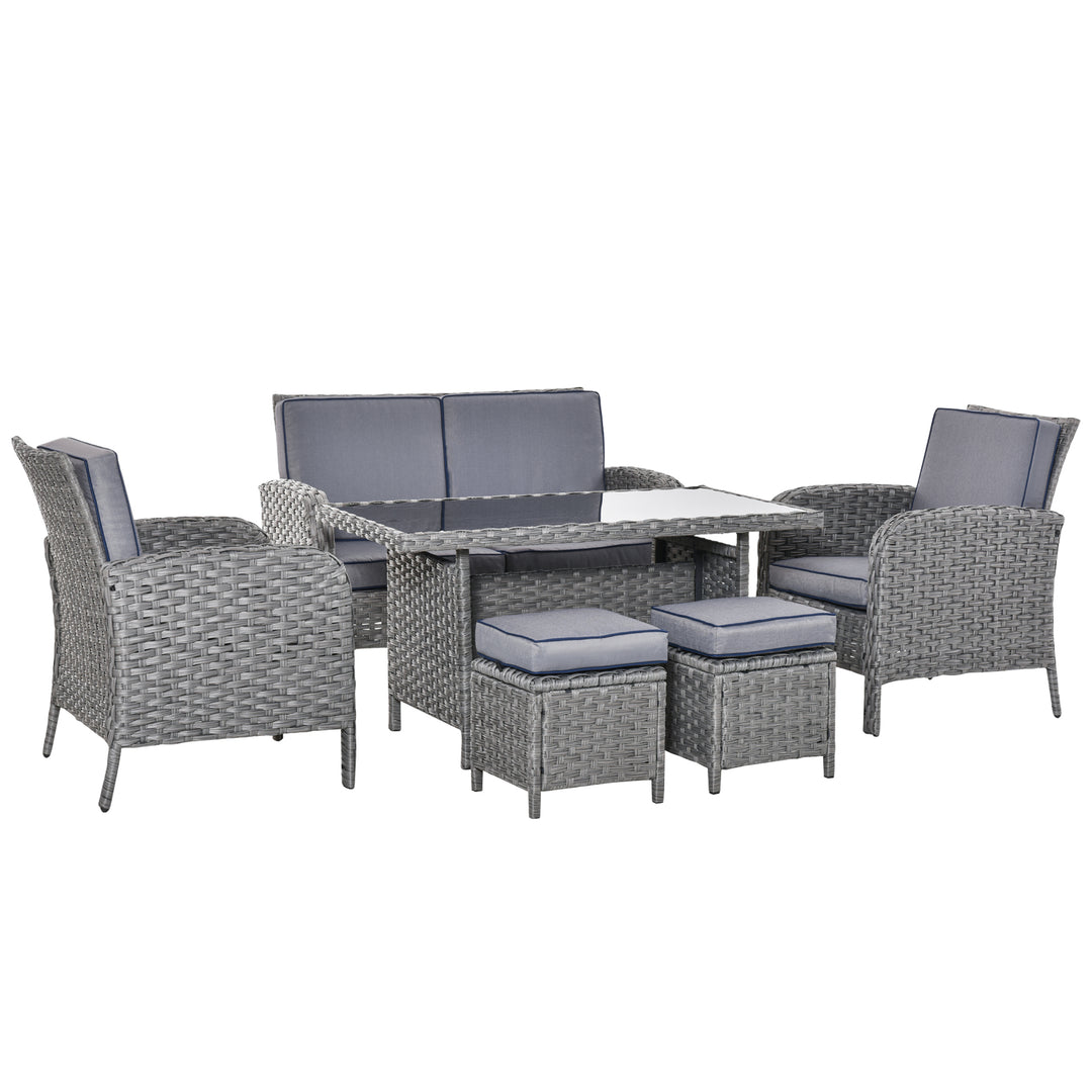 MCL 6 Pieces Rattan Garden Furniture Set, 6 Seater Garden Sofa Set with Glass Top Dining Table, Loveseat, 2 Armchairs and Ottomans, Wicker Outdoor Conservatory Furniture for Patio, Grey