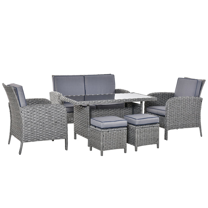 MCL 6 Pieces Rattan Garden Furniture Set, 6 Seater Garden Sofa Set with Glass Top Dining Table, Loveseat, 2 Armchairs and Ottomans, Wicker Outdoor Conservatory Furniture for Patio, Grey