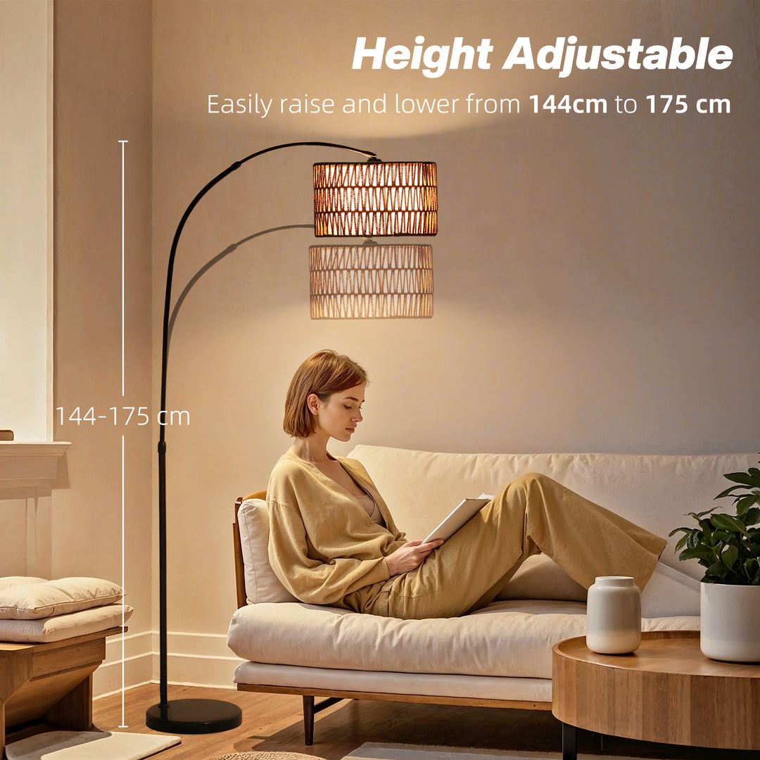 Rattan Floor Lamp for Living Room, Farmhouse Arc Standing Lamp with Dual-Layer Shade & Foot Switch, Height Adjustable Minimalist Tall Pole Lampshade for Bedroom, Office, Black