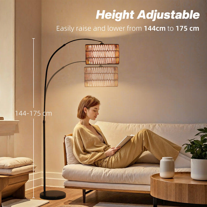 Rattan Floor Lamp for Living Room, Farmhouse Arc Standing Lamp with Dual-Layer Shade & Foot Switch, Height Adjustable Minimalist Tall Pole Lampshade for Bedroom, Office, Black