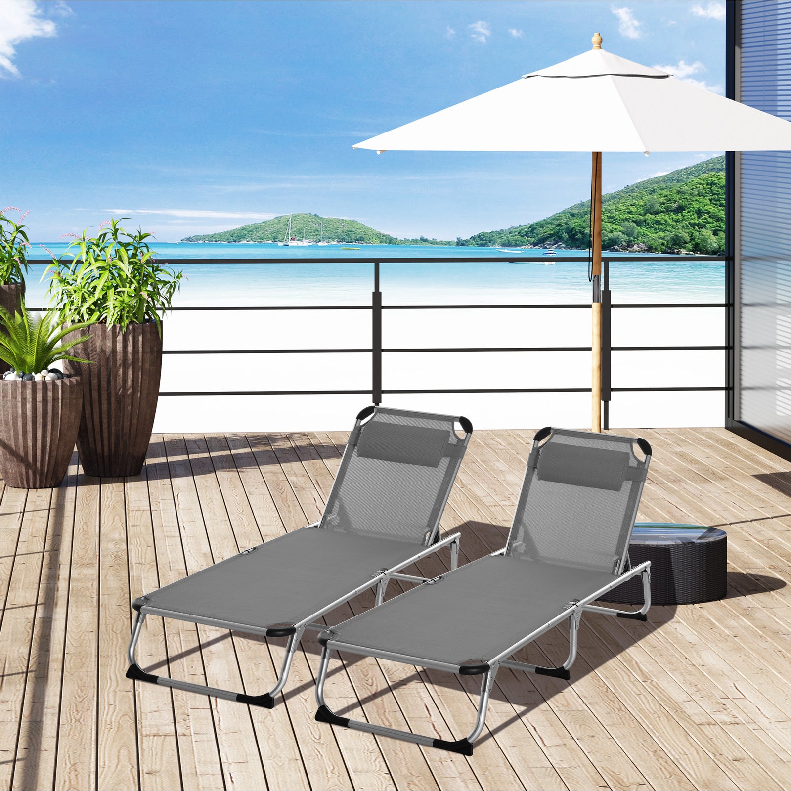 Foldable Outdoor Sun Loungers Set of 2, Reclining Lounge Chair Camping Bed Cot with Pillow 4-Level Adjustable Back Aluminium Frame, Grey