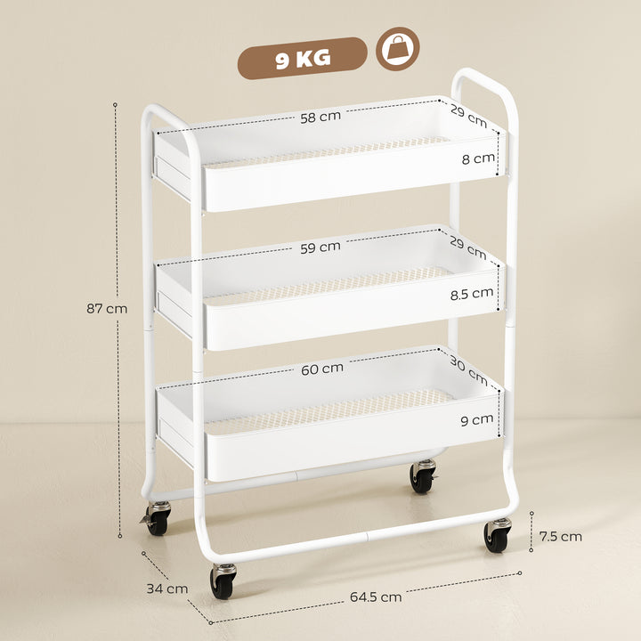 3-Tier Storage Trolley on Wheels, Rolling Utility Cart with Mesh Backets for Kitchen, Bathroom, Bedroom