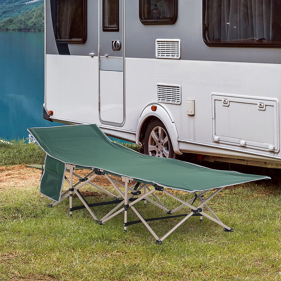 Single Person Camping Bed Folding Cot Outdoor Patio Portable Military Sleeping Bed Travel Guest Leisure Fishing with Side Pocket and Carry Bag - Green