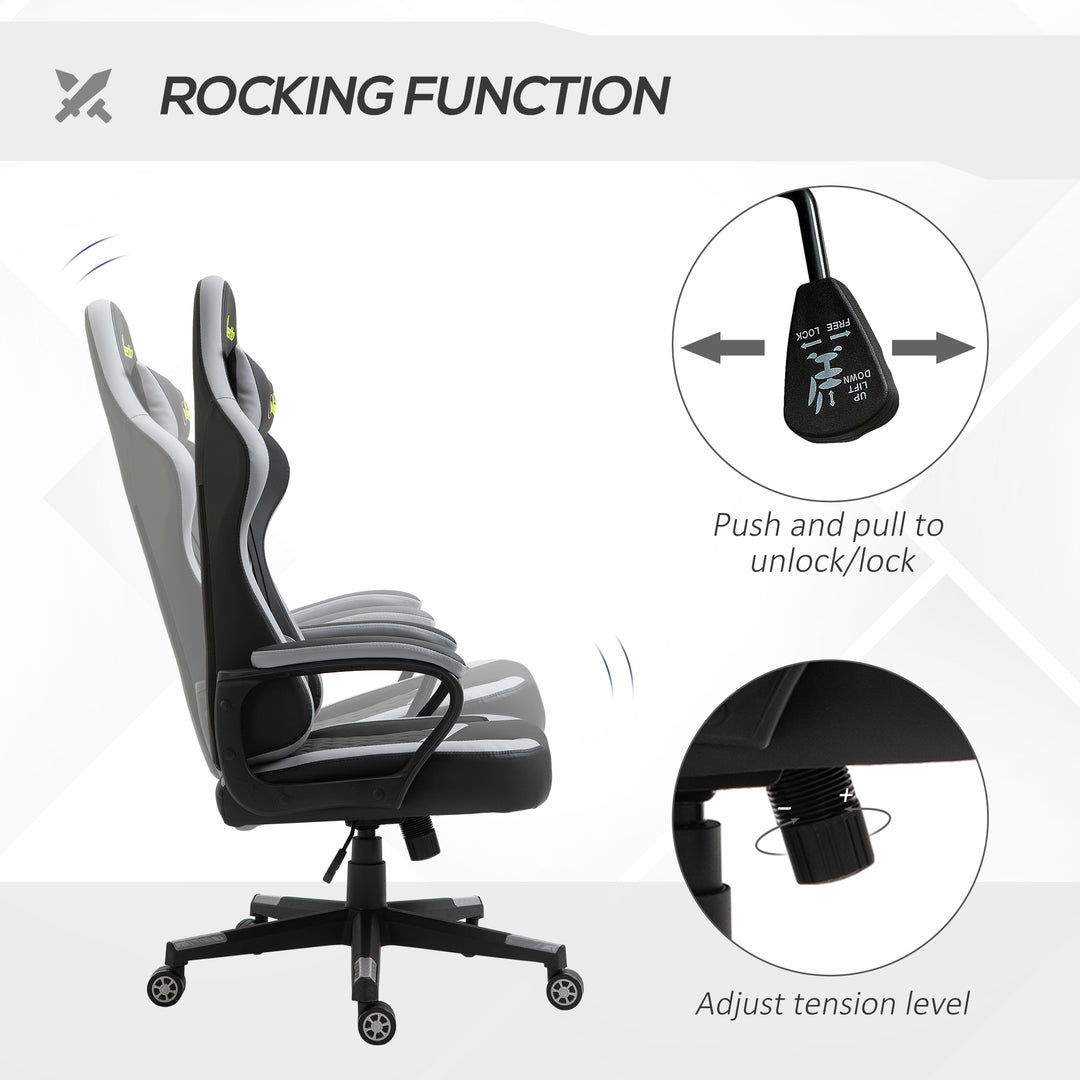Gaming Chair, Computer Desk Chair with Lumbar Support, Faux Leather Racing Chair with Headrest and Swivel Wheels for Home Office, Black Grey