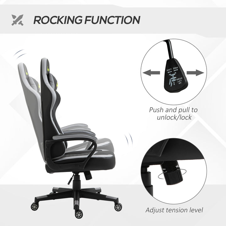 Gaming Chair, Computer Desk Chair with Lumbar Support, Faux Leather Racing Chair with Headrest and Swivel Wheels for Home Office, Black Grey