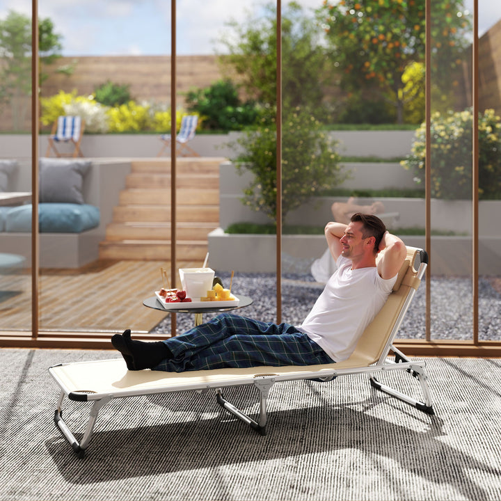 Foldable Outdoor Sun Lounger, Reclining Lounge Chair Camping Bed Cot with Pillow 4-Level Adjustable Back Aluminium Frame, Khaki