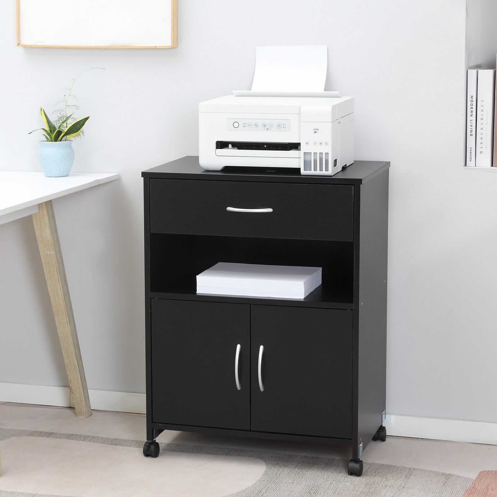 Printer Stand Mobile Printer Cabinet with Storage, Open Shelf, Drawer for Home Office, 60cm x 39cm x 80cm, Black