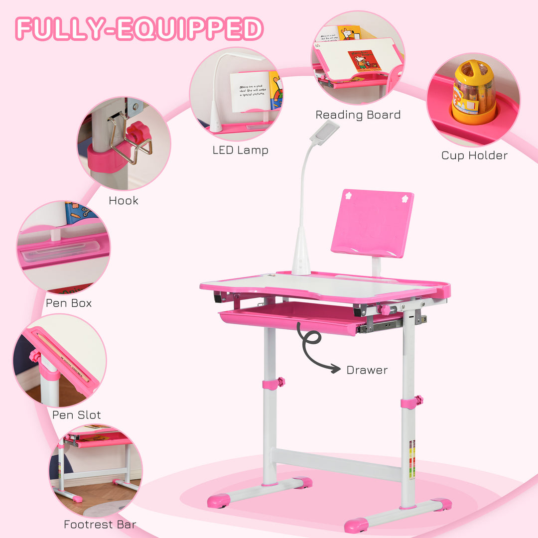 Kids Study Desk and Chair Set w/ Adjustable Height, Storage, Drawer, Pink