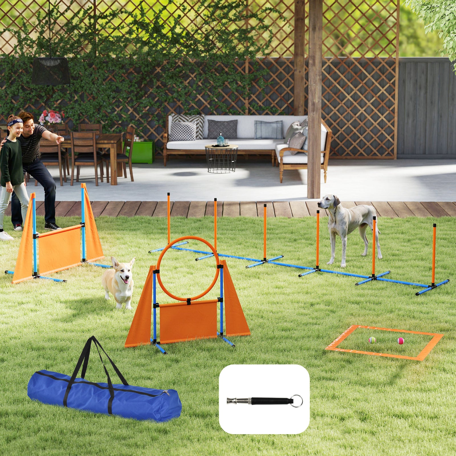 6-Piece Dog Agility Equipment Set with Weave Poles, Jump Ring, Hurdle, Pause Box, Bag, Orange