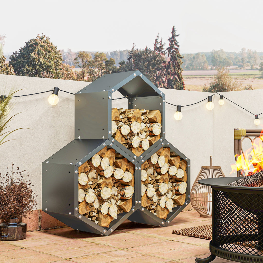 Outsunny Three-Shelf Hexagon Metal Firewood Rack - Grey | Aosom UK