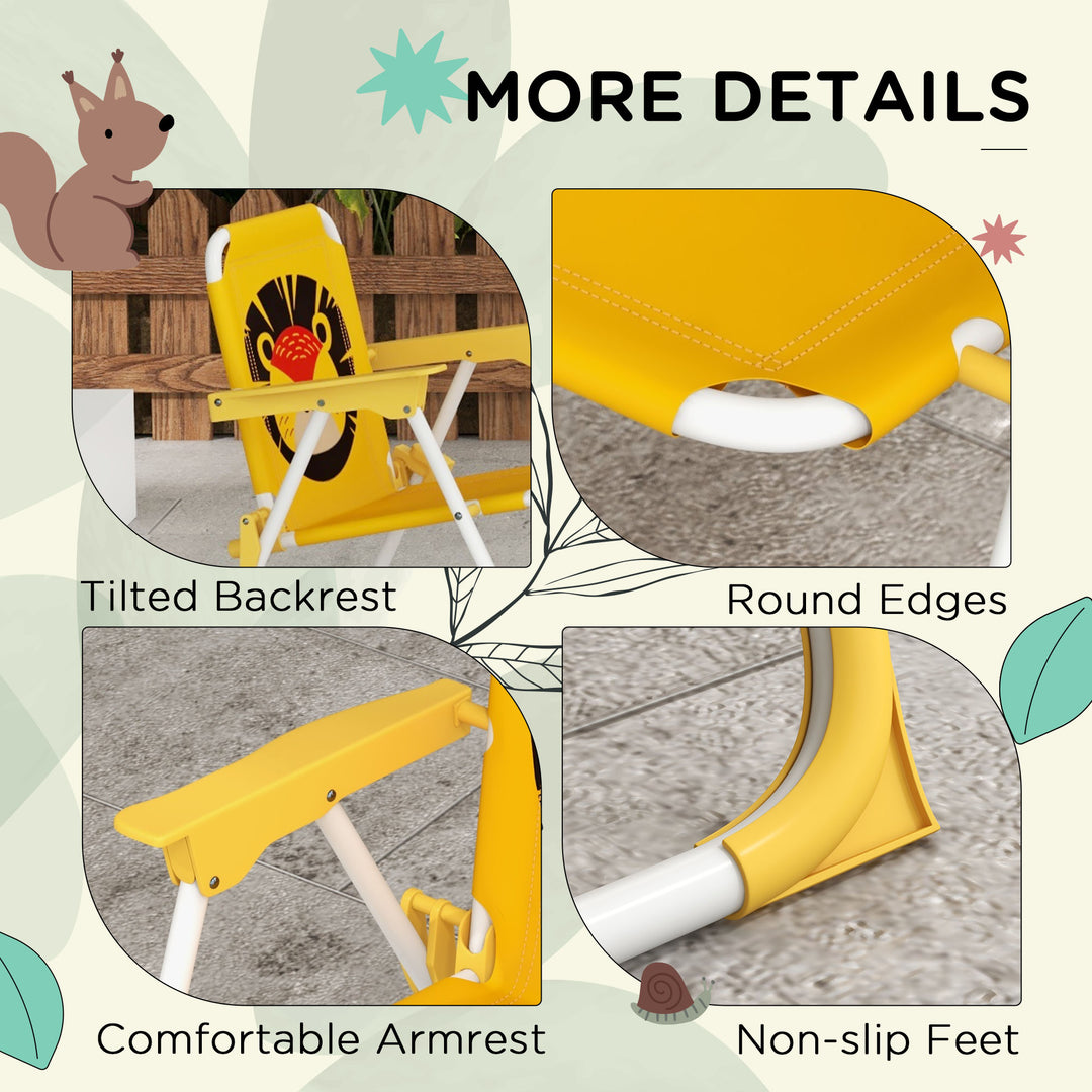 Kids Picnic Table and Chair Set, Lion Themed Outdoor Garden Furniture w/ Foldable Chairs, Adjustable Parasol - Yellow