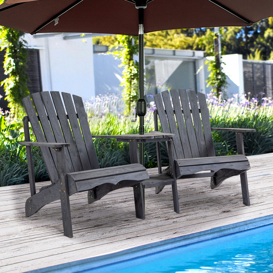 Wooden Outdoor Double Adirondack Chairs Loveseat w/ Centre Table and Umbrella Hole, Garden Patio Furniture for Lounging and Relaxing, Dark Grey