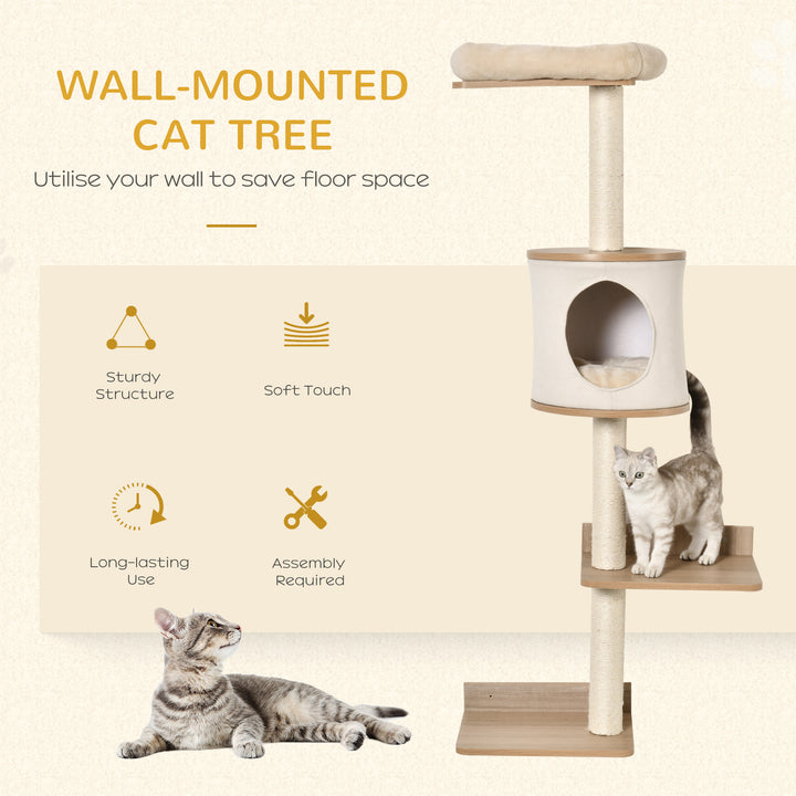 PawHut Cat Tree for Indoor Cats Wall-Mounted Cat Shelf Shelter Kitten Perch Climber Furniture w/ Condo Bed Scratching Post – Beige | Aosom UK