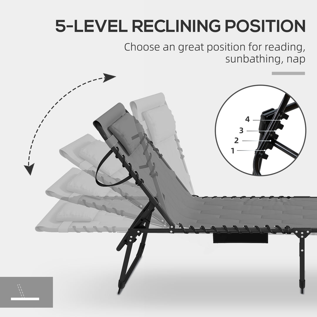 Foldable Sun Lounger with 5-level Reclining Back, Outdoor Tanning Chair Sun Lounger with Build-in Padded Seat, Side Pocket, Headrest for Beach, Yard, Patio, Grey