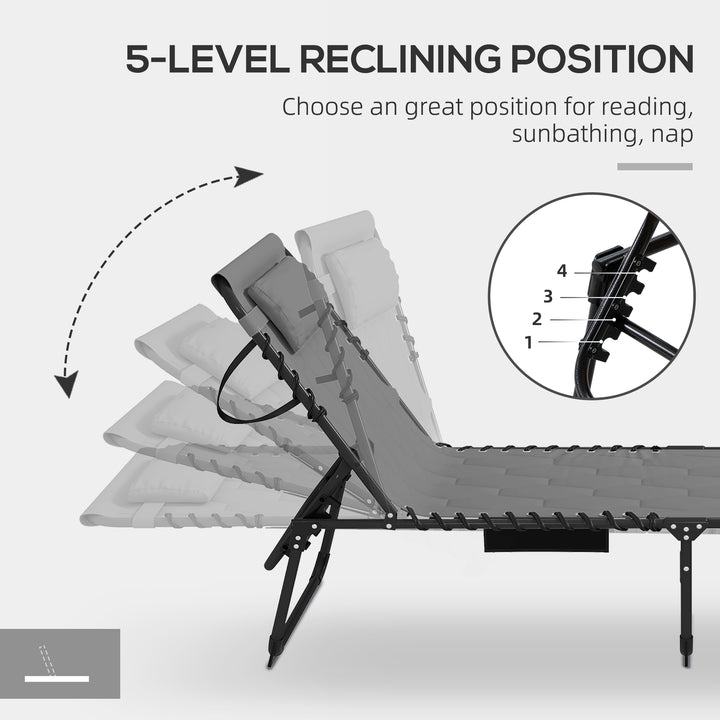 Foldable Sun Lounger with 5-level Reclining Back, Outdoor Tanning Chair Sun Lounger with Build-in Padded Seat, Side Pocket, Headrest for Beach, Yard, Patio, Grey