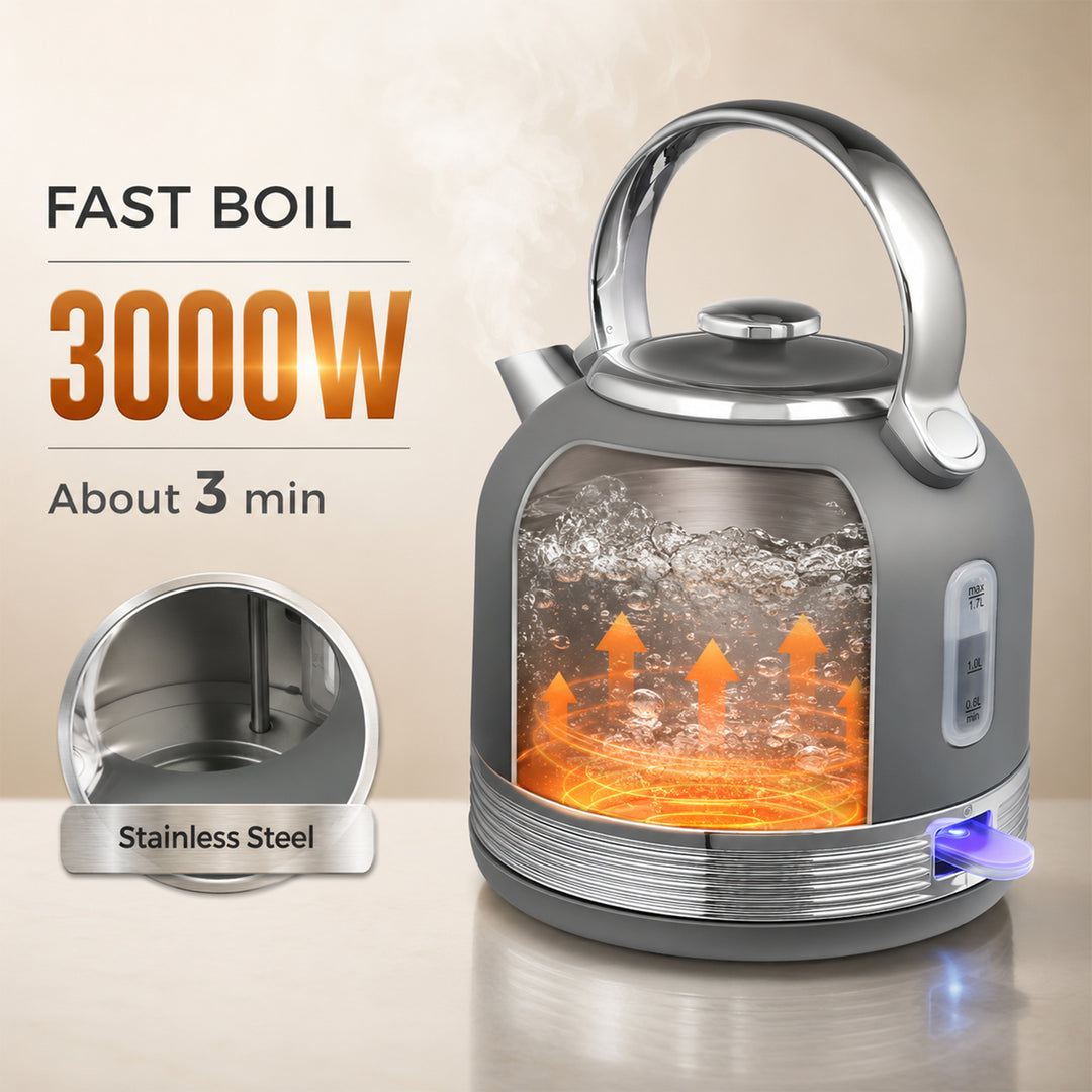 Stainless Steel Kettle and Toaster Set, 1.7L 3000W Cordless Fast Boil 