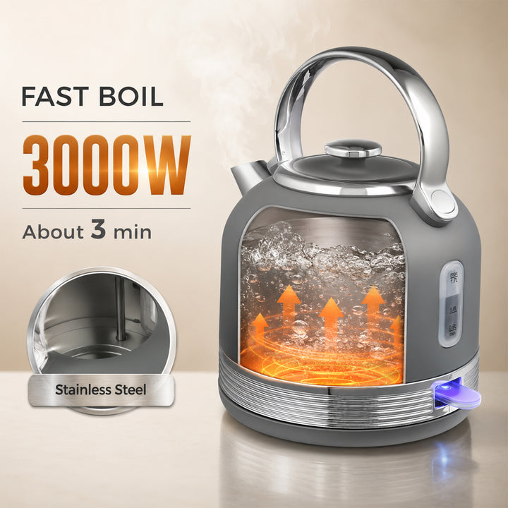 Stainless Steel Kettle and Toaster Set, 1.7L 3000W Cordless Fast Boil 