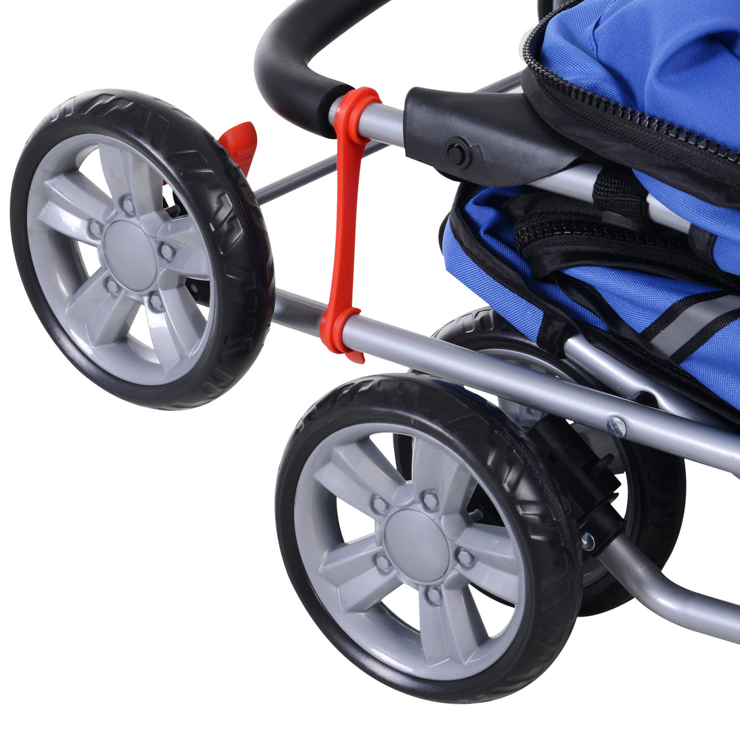 MCL Pet Stroller for Small Miniature Dogs Cats Foldable Travel Carriage with Wheels Zipper Entry Cup Holder Storage Basket Blue