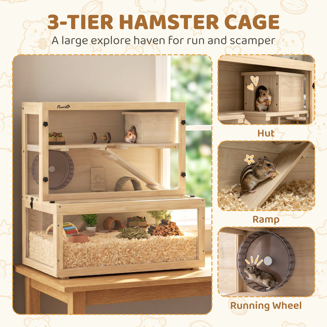 Wooden Hamster Cage with Hut, Wheel, Ramps, Removable Viewing Panels, 