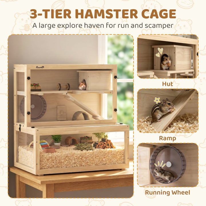 Wooden Hamster Cage with Hut, Wheel, Ramps, Removable Viewing Panels, 
