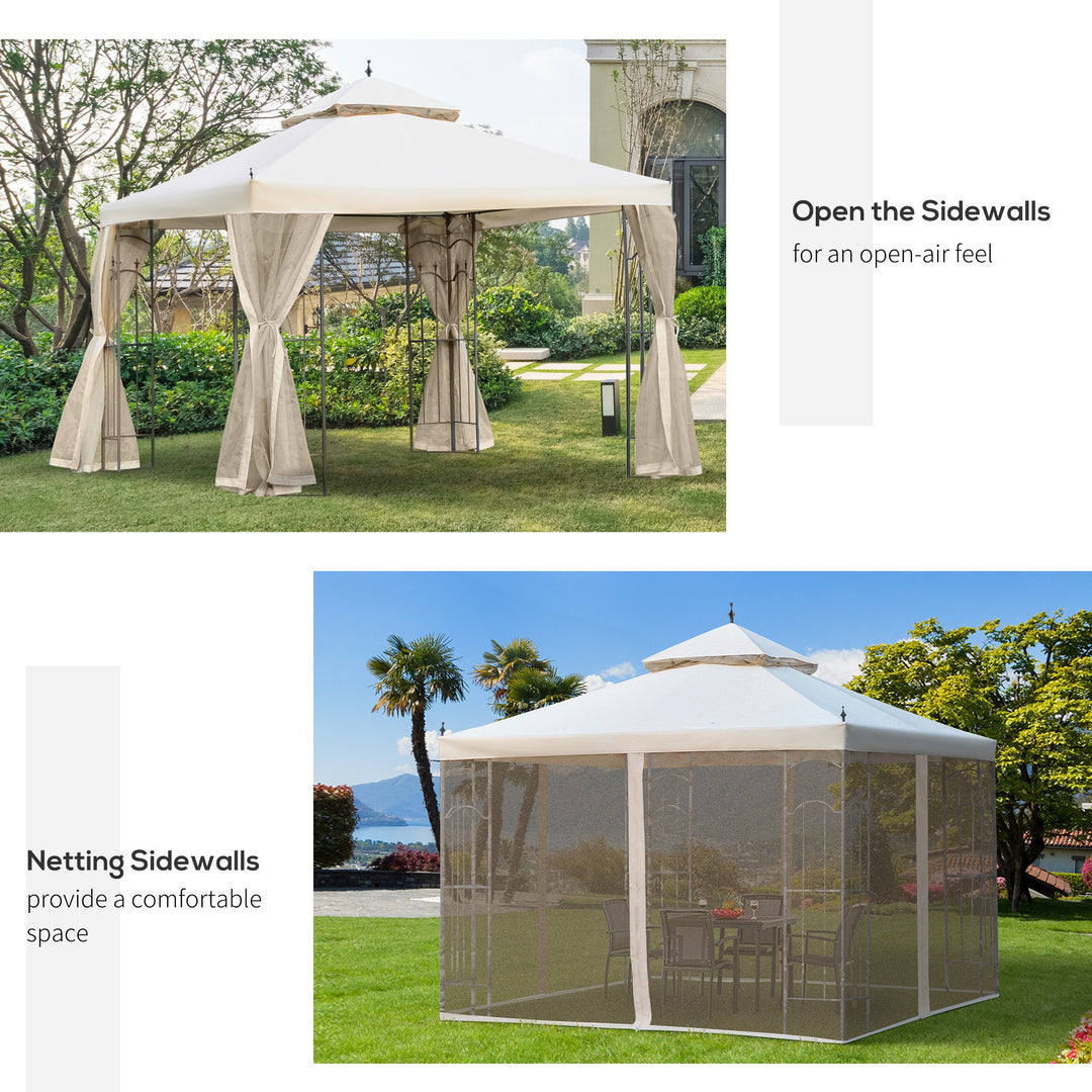 Outsunny Garden Gazebo: Double Top Canopy, 300x300cm, Outdoor Patio Event Tent with Mesh Curtain, Beige