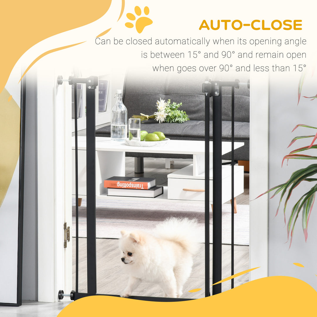 PawHut 74-84cm Adjustable Metal Pet Gate Safety Barrier w/ Auto-Close Door Double Locking Easy-Open Doors Stairs Home Frames Black | Aosom UK