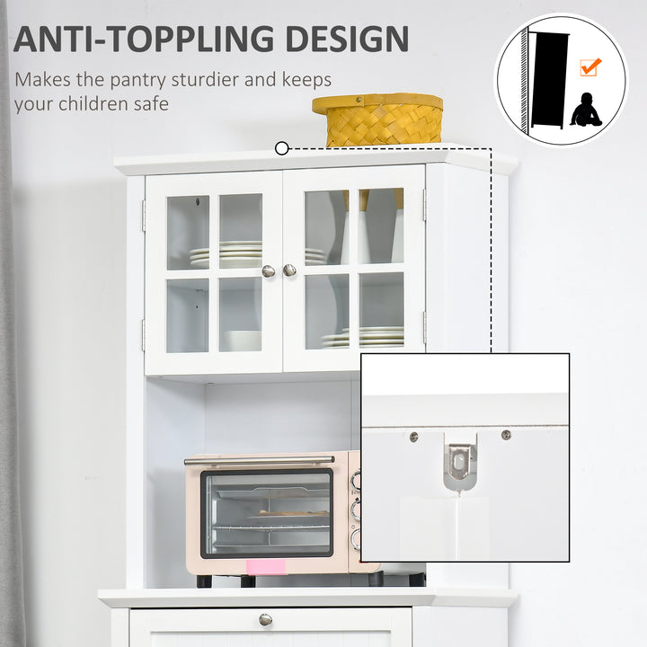 Kitchen Cupboard, Wooden Storage Cabinet with Framed Glass Door, Drawer, Microwave Space for Dining and Living Room, White