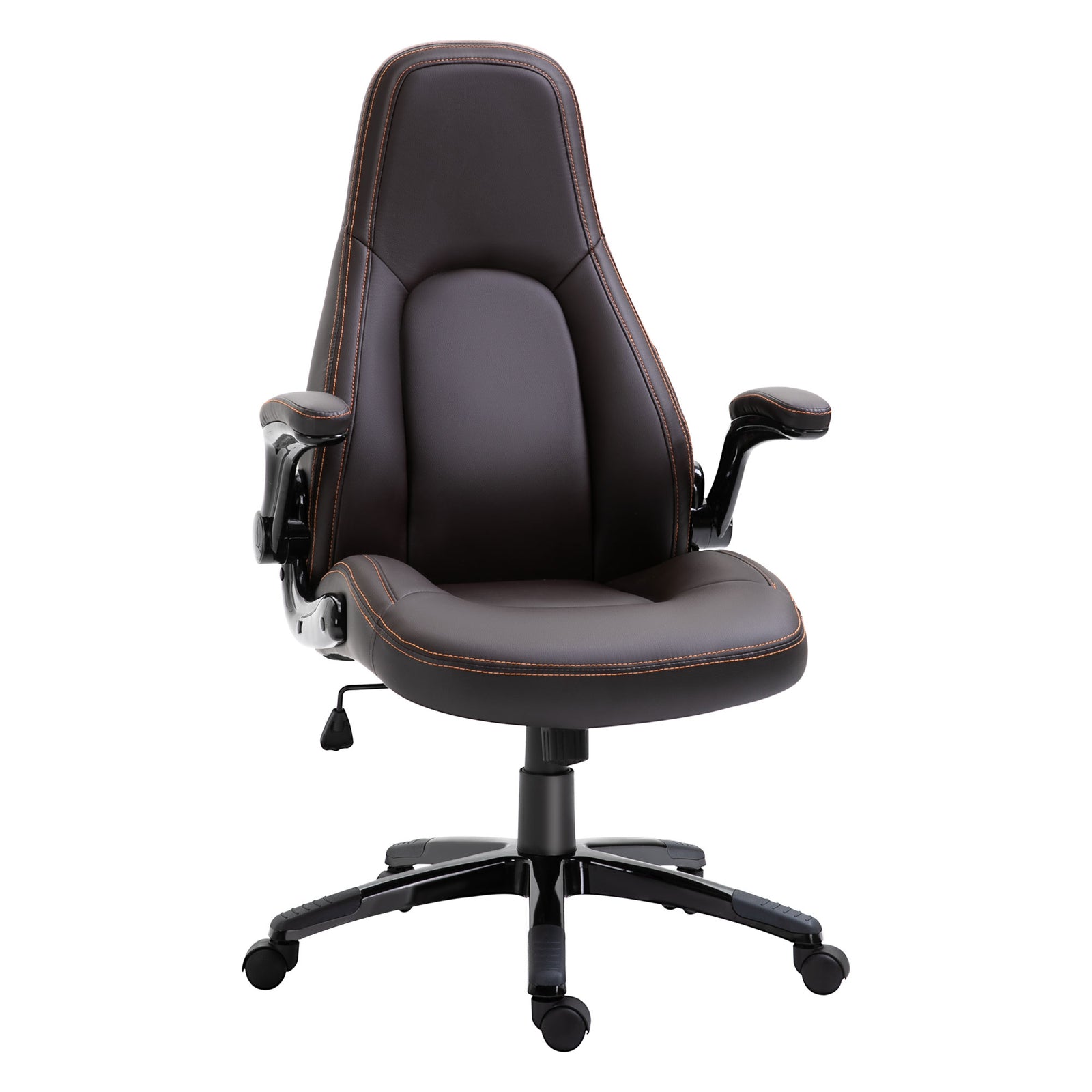 Computer Gaming Chair, PU Leather Office Chair, Swivel Desk Chair with Adjustable Arms and Height, Padded Armrest and Seat, Rolling Wheels, Coffee