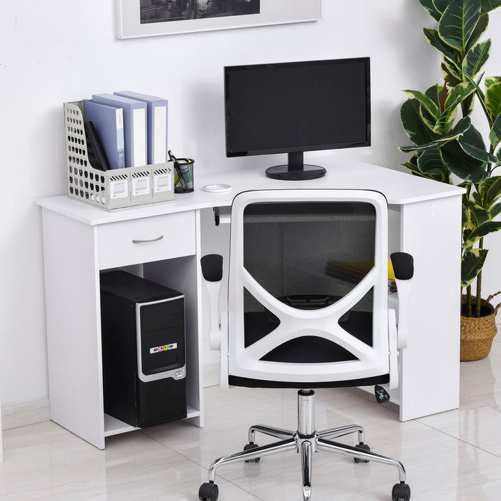 HOMCOM L-Shaped Desk: Shelves, Keyboard Tray, Drawer & CPU Stand for Home Office or Study, Pristine White | Aosom UK