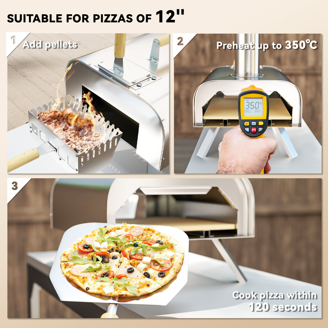 Outdoor Pizza Oven, Portable Wood Pellet Pizza Oven with Pizza Stone and Peel, Foldable Legs, Chimney, 12 Inch Wood Fired Pizza Maker for Outdoor Cooking, Stainless Steel