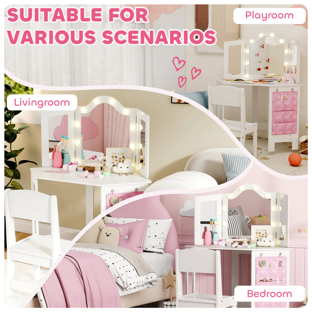 MCL Kids Dressing Table and Stool Set, Girls Vanity Table with 2-Colour LED Lights, Tri-Folding Mirror, White