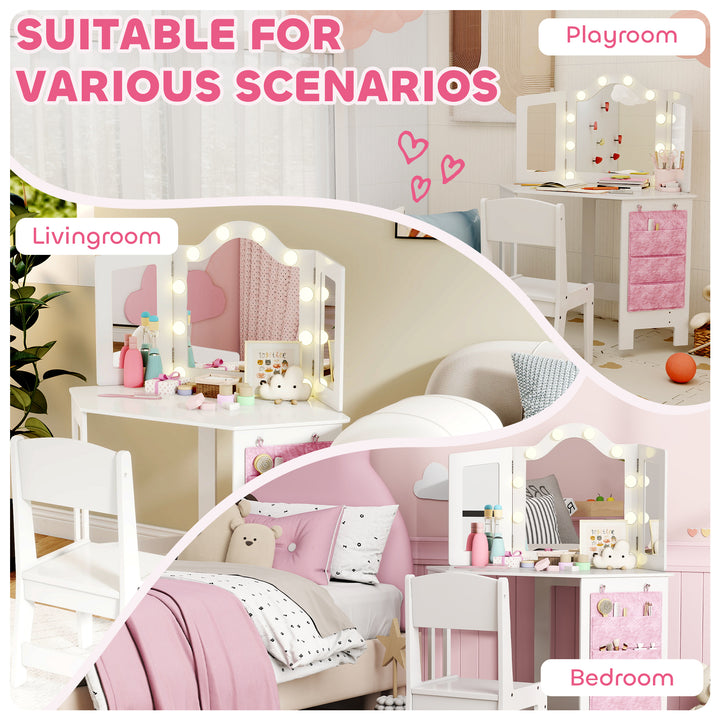 MCL Kids Dressing Table and Stool Set, Girls Vanity Table with 2-Colour LED Lights, Tri-Folding Mirror, White
