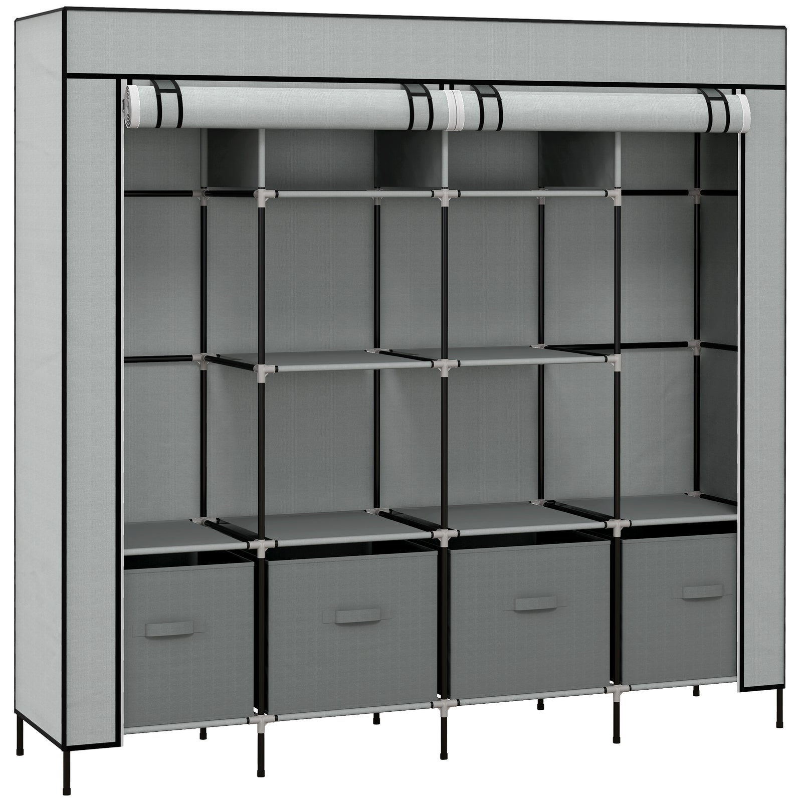 Fabric Wardrobe for Bedroom, Portable Cloth Wardrobe with 10 Compartments, 2 Hanging Rails and 4 Fabric Drawers, 166 x 42.5 x 169.5cm, Dark Grey