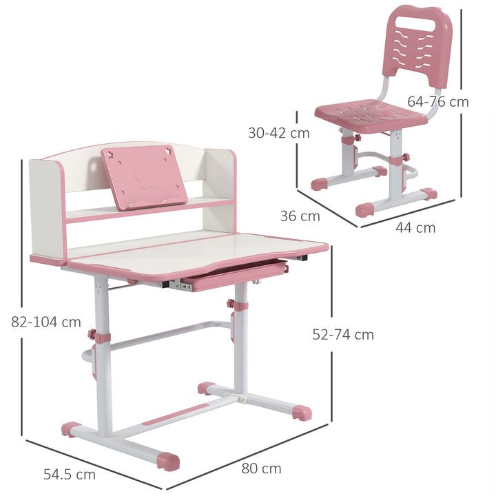 ZONEKIZ Height Adjustable Kids Study Table and Chair Set, with Drawer, Storage Shelf, 80 x 54.5 x 104 cm, Pink | Aosom UK