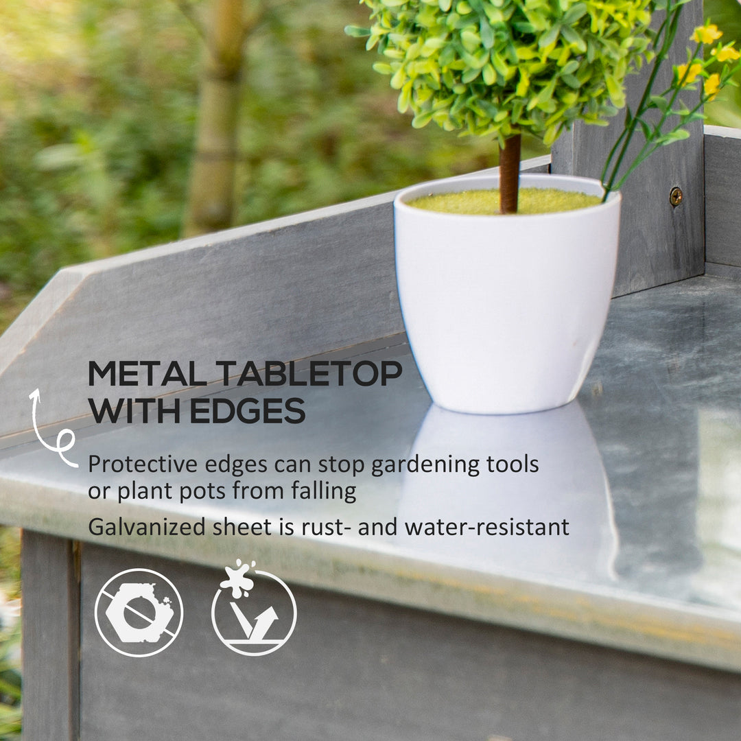 Garden Potting Table, Wooden Workstation Bench w/ Galvanized Metal Tabletop, Drawer, Storage Shelves and Hooks for Patios, Courtyards, Balcony