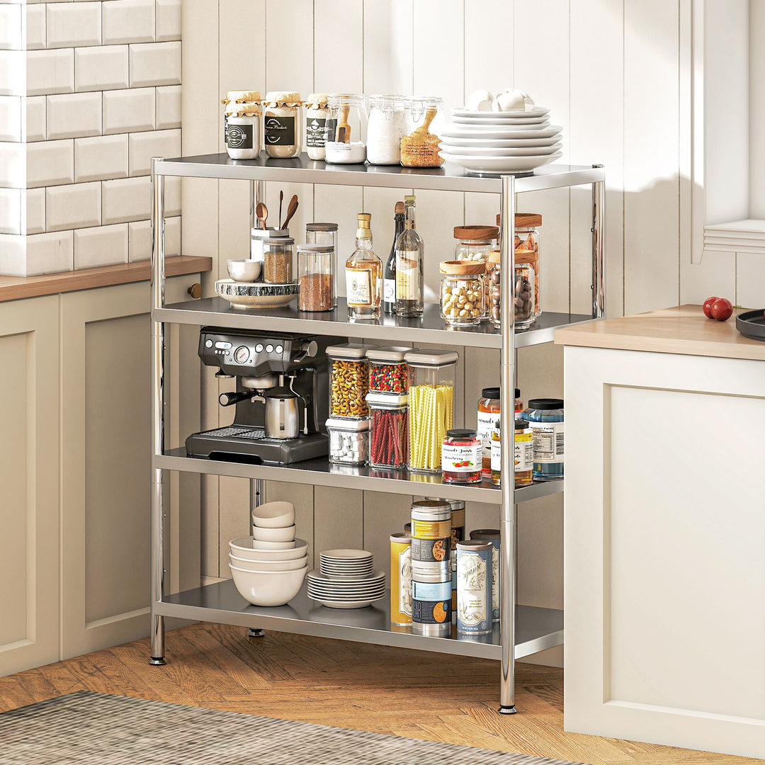 HOMCOM 4-Tier Bakers Rack with Storage, Stainless Steel Microwave Stand with Adjustable Shelves for Small Spaces, Kitchen Storage Unit for Spices, Pots and Pans, Silver Tone