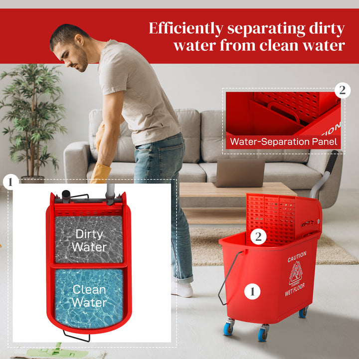 20L Compact Mop Bucket on Wheels, with Water Separation Panel - Red