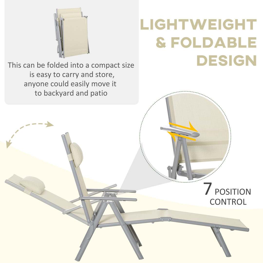 Steel Fabric Sun Lounger Outdoor Folding Chaise Lounge Chair Recliner with Portable Design & 7 Adjustable Backrest Positions - Beige