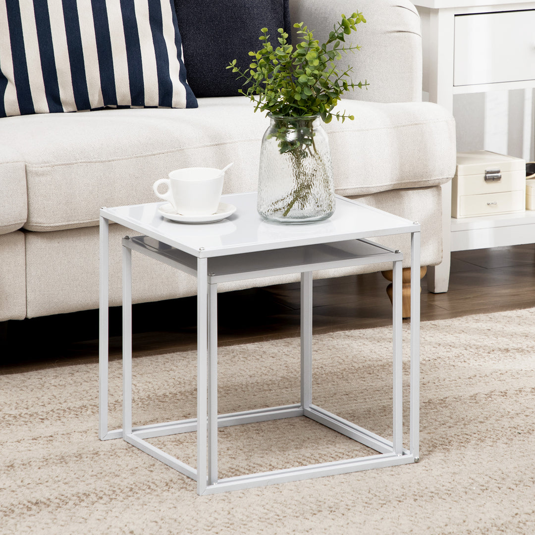 Square Nesting Coffee Table Set of 2, Modern Nest of Tables, Sofa Side Tables with Steel Frame for Living Room, Bedroom, Small Space, White