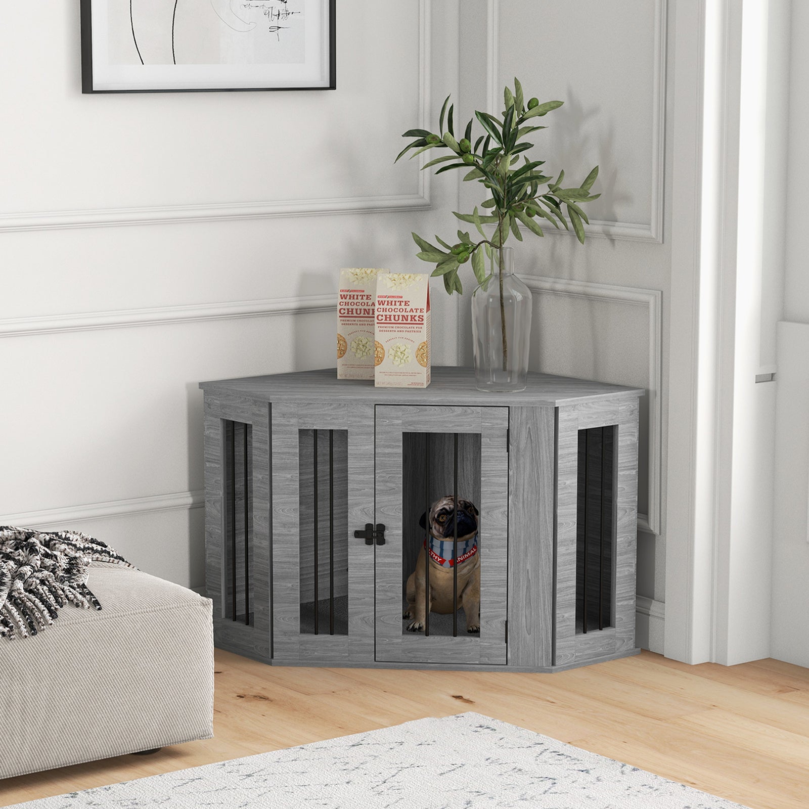 2 in 1 Dog Crate Furniture Side Table, with Cushion, 104 x 55 x 63cm - Grey