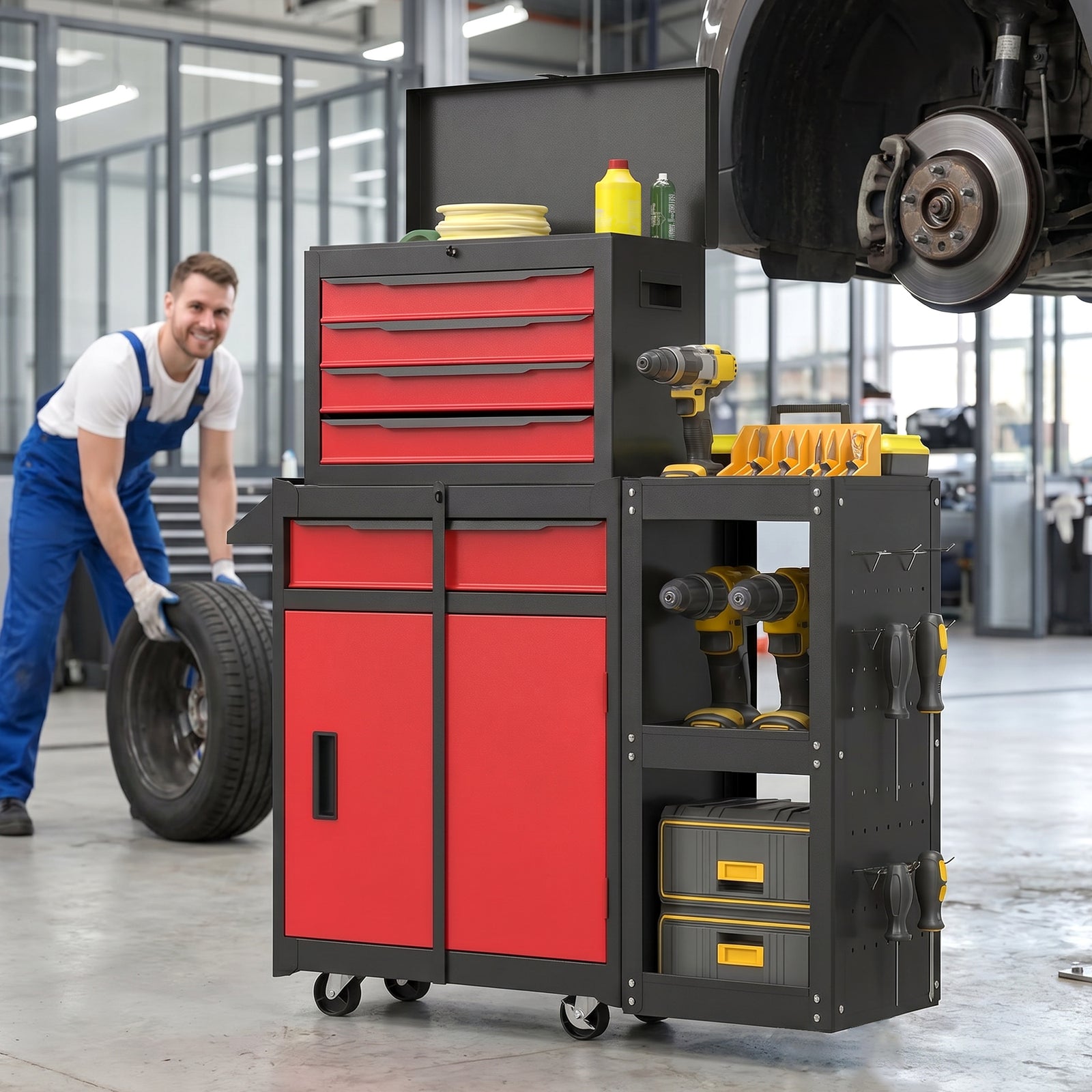 Tool Chest, Mobile Modular Tool Box with 5 Drawers, Side Rack, Pegboar