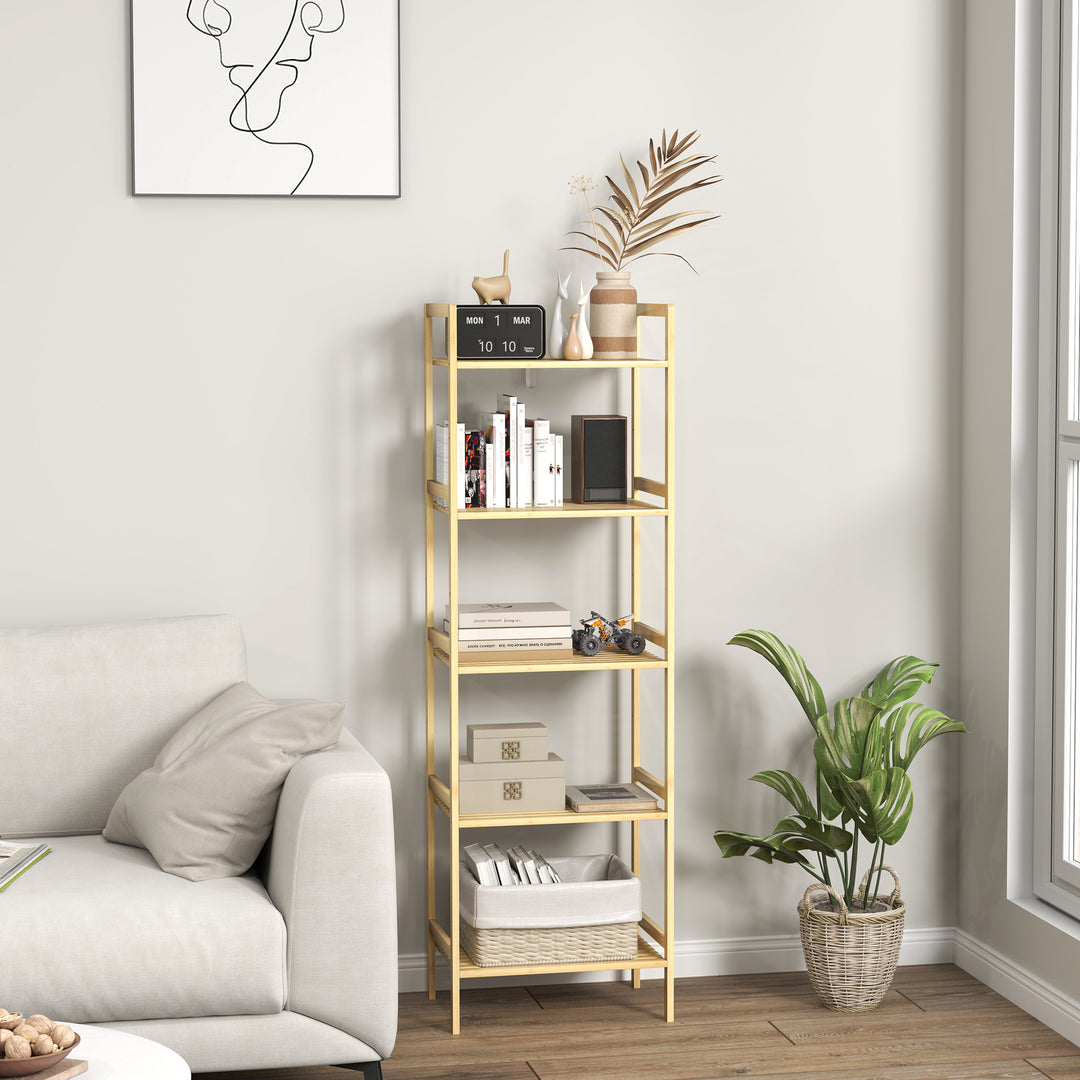 5-Tier Bamboo Bathroom Storage Shelf, Freestanding Shelving Unit with Adjustable Rack for Kitchen Bathroom Living Room, Natural Wood Finish