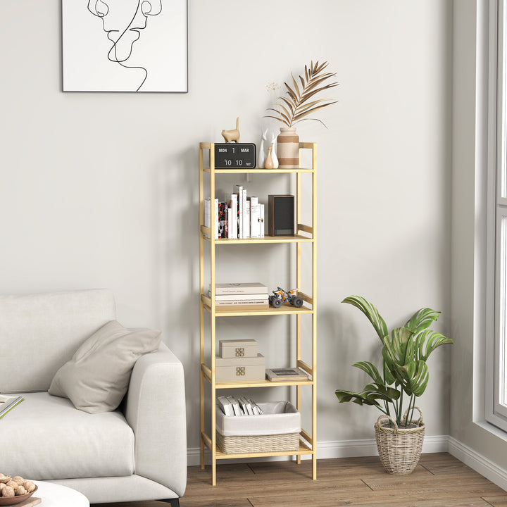 5-Tier Bamboo Bathroom Storage Shelf, Freestanding Shelving Unit with Adjustable Rack for Kitchen Bathroom Living Room, Natural Wood Finish