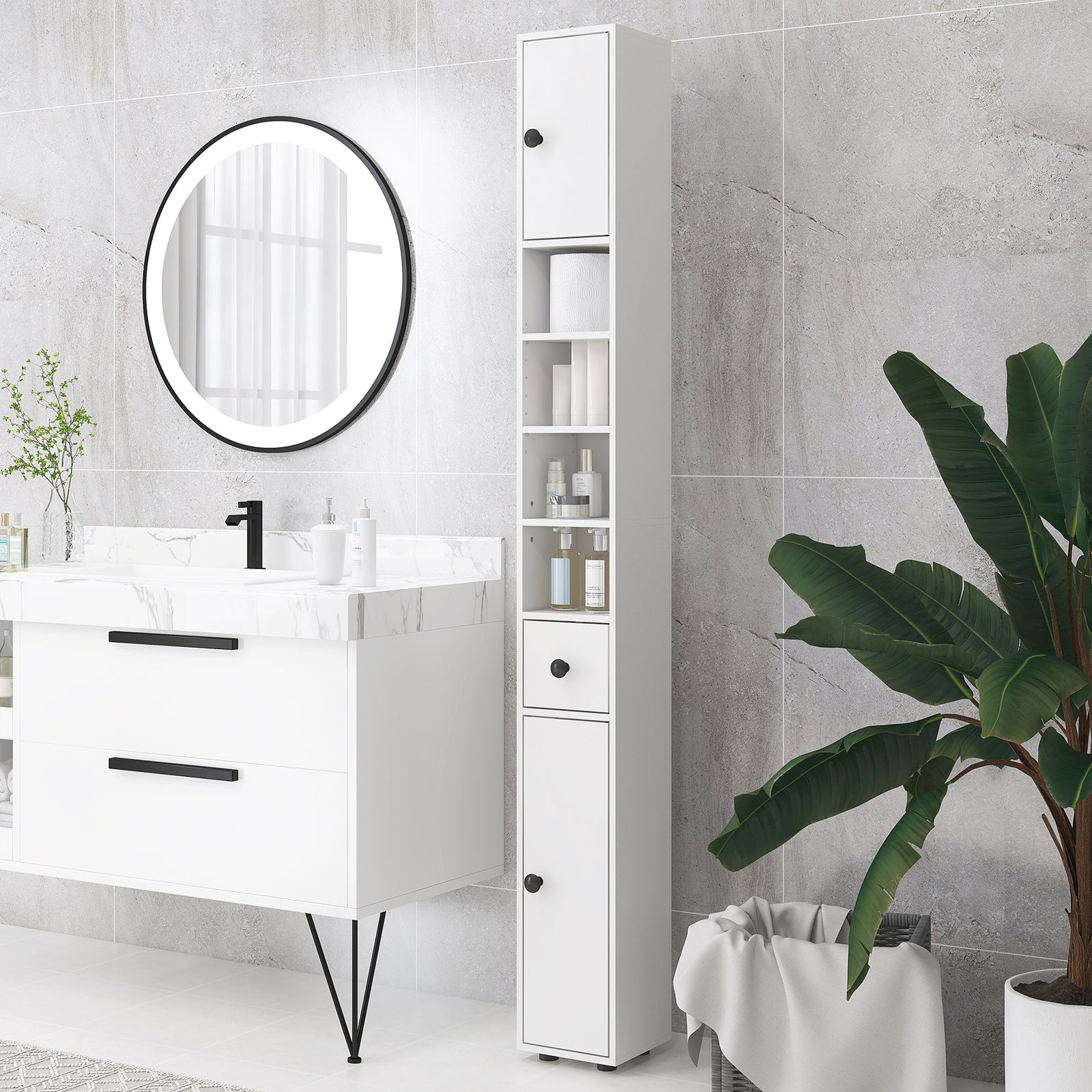 180cm Slim Bathroom Cabinet, with Drawer, Shelves and Cupboards - White