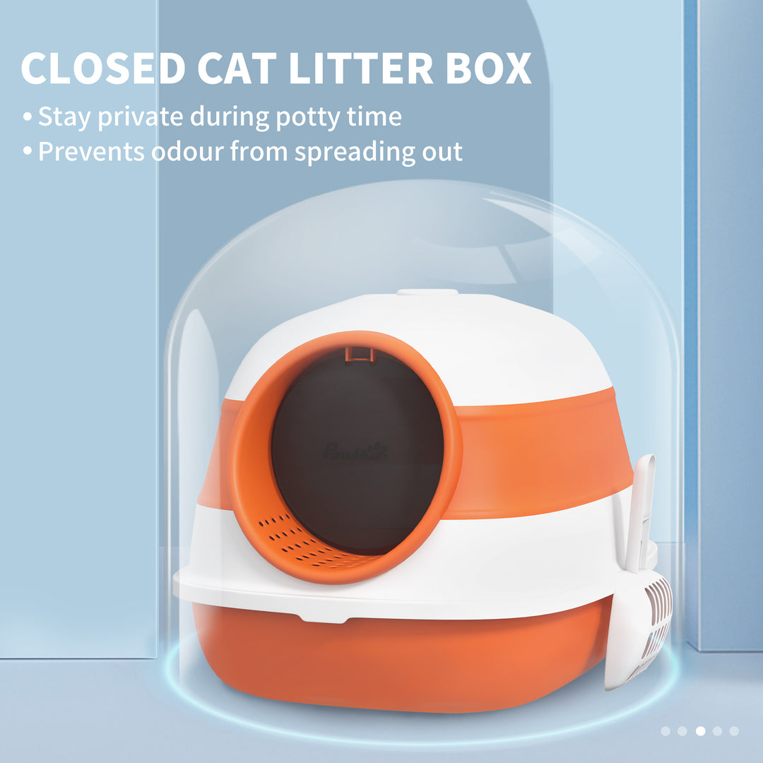 PawHut Foldable Cat Litter Tray with Lid, Deodorant, Scoop, Orange | Aosom UK