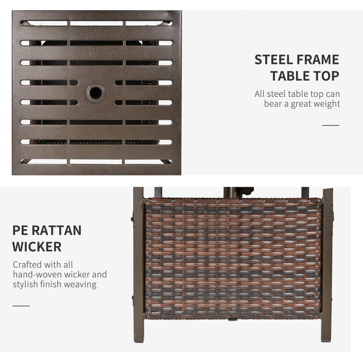 Rattan Garden Coffee Table, 55.5 cm Square Wicker Patio Side Coffee Table with 4 cm Umbrella Hole, Metal Bottom and Slatted Top for Outdoor, Balcony, Brown