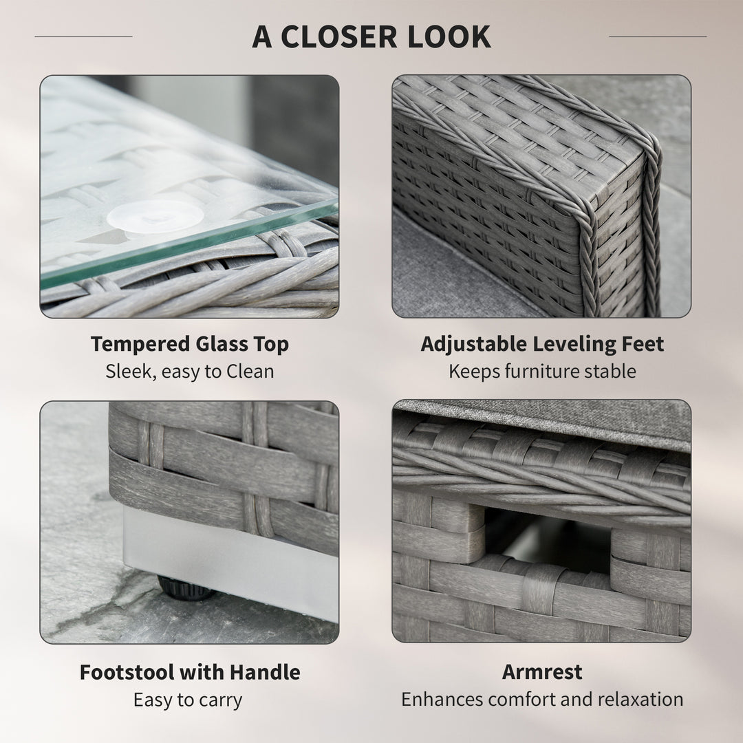 MCL 6 Pieces Outdoor PE Rattan Wicker Corner Sofa Set with 10cm Thick Padded Cushions, Aluminium Conservatory Furniture with Glass Top Coffee Table, Footstools, Grey